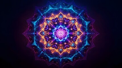 A vibrant, glowing mandala design bursts with colorful light.