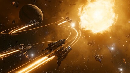 A fleet of spacecraft navigates through a vibrant, star-filled galaxy, orbiting a distant planet with fiery trails