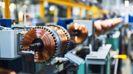Close-up of Copper Windings on a Manufacturing Machine in Factory