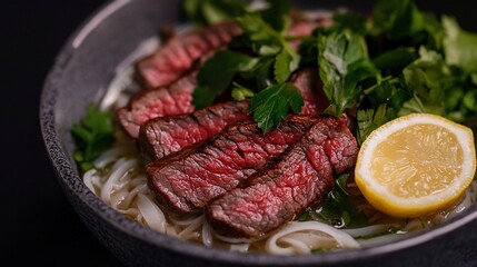 Delicious bowl of Vietnamese Pho with sliced steak, fresh herbs and lemon for a healthy and flavorful meal experience