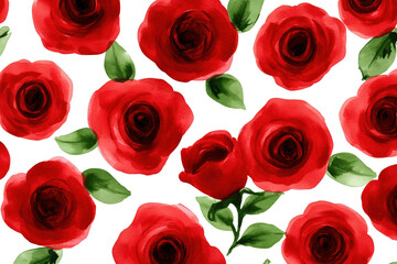 Elegant seamless pattern of watercolor red roses with lush foliage and black background