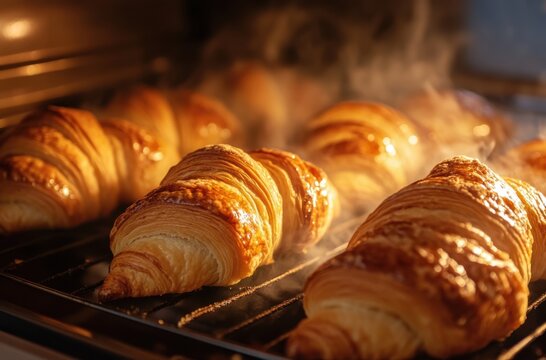 French croissants baking to perfection, steam rising inside the oven,
