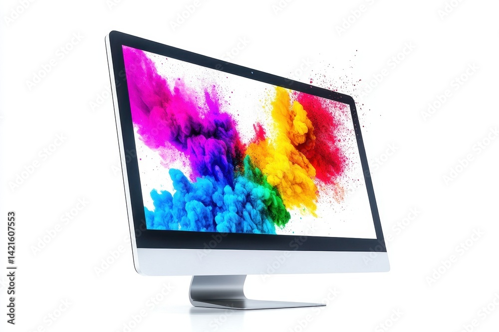 Poster Vibrant abstract digital display on a modern computer screen illustrating colorful patterns and lines with a sleek keyboard in a minimalistic setting