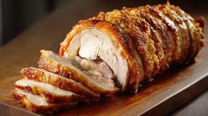 A juicy porchetta with crispy crackling skin sliced and rolled, resting on a butcher board
