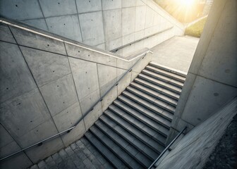 Light illuminates a modern concrete staircase. Urban exploration; minimalist architectural photography.