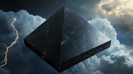 Mysterious black pyramid floating in stormy sky with lightning