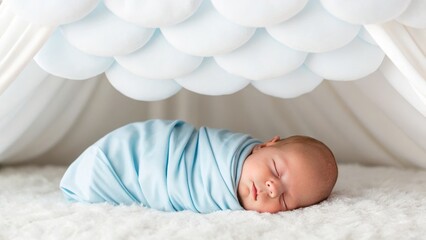 Baby Sleeping Swaddle Cute A peaceful baby swaddled in blue fabric, sleeping under a soft cloud-like canopy.