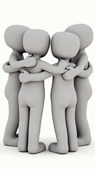 A 3D icon of a team huddle with abstract figures in suits, dynamic posing, teamwork concept .