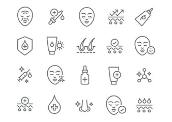 Vector Editable Icon Set in Linear Style for Skincare and UV Protection. The set includes icons for hydration, facial care, sun protection, and UV shielding
