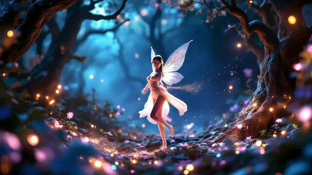 Enchanting fairy dancing in a luminous night forest.