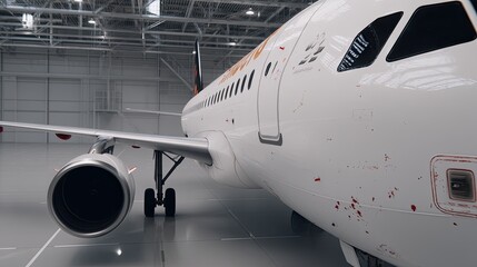 Close-up of a commercial airplane in a hangar with details