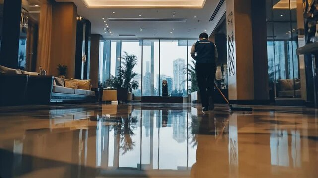 Professional cleaner mops a reflective hotel lobby floor with modern decor and city views, highlighting cleanliness, elegance, and hospitality.

