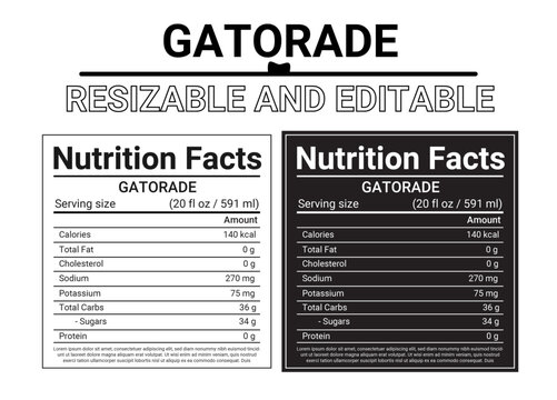 gatorade nutrition, nutrition label, sports drink, editable label, electrolyte drink, gatorade label, beverage nutrition, printable label, hydration drink, drink facts