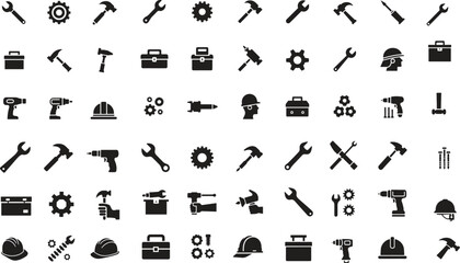Silhouette Repair Icons Set. Fix, Maintenance, Tools, Logo, Service, Set, Restore, Mechanics, Icon. Vector Illustration