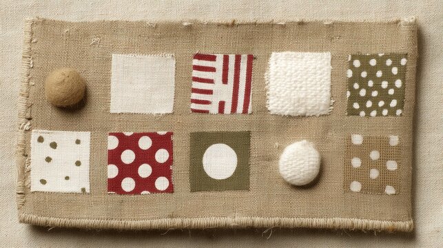 Textured fabric patchwork with varied patterns and shapes
