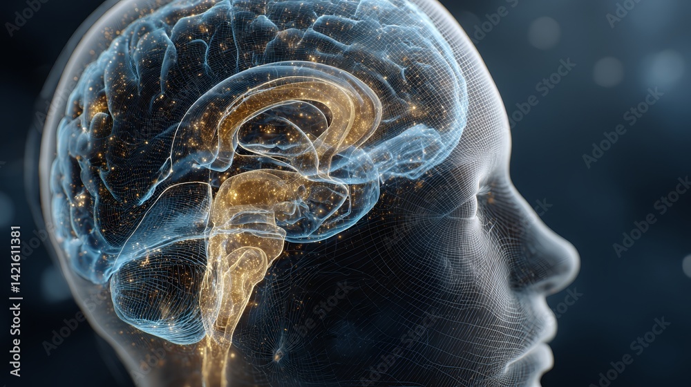 Poster human head with brain wireframe 3d model for medical and technology concepts