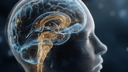 Human head with brain wireframe 3D model for medical and technology concepts