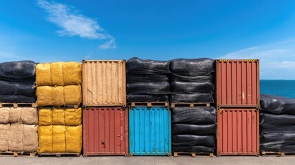 Fototapeta premium Stacked shipping containers by the waterfront