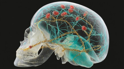 Human skull with brain illustration showing neurons, tumors and a chain