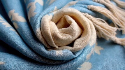Close-up of a rolled blue and cream patterned fabric