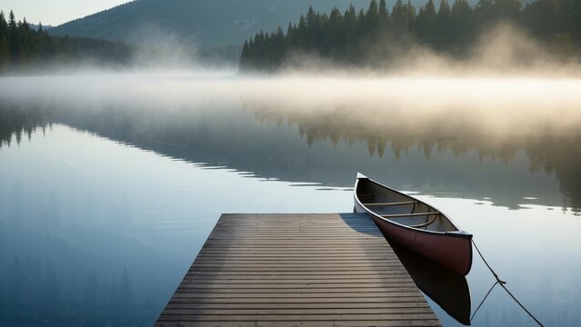 The image shows a canoe tied to a wooden dock on a misty lake