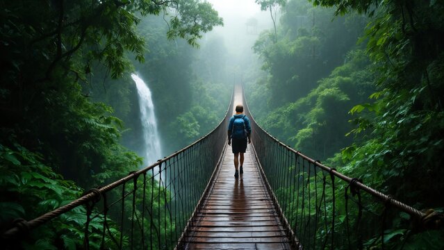 The image shows a man walking across a suspension bridge in the middle of a lush rainforest