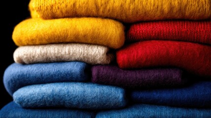 Cozy stack of colorful knitted sweaters