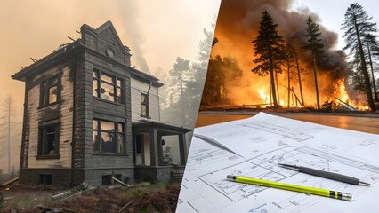 Aftermath and Future: A scene of a house in ruins after a fire and blueprints, symbolizing loss and hope