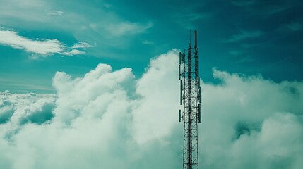 Cell Tower Rising Above the Clouds, Connecting the World from Above