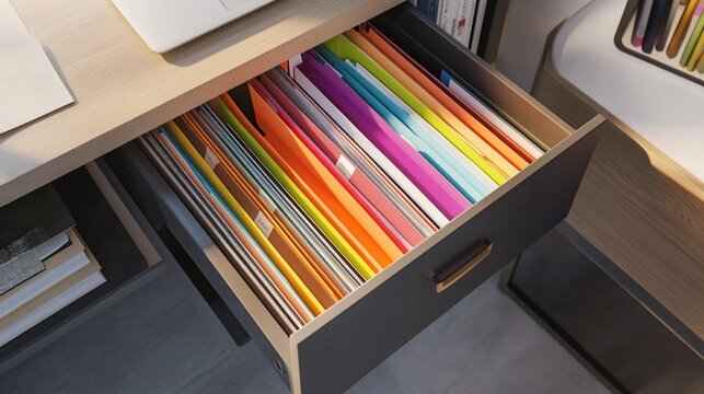 Organized document filing system in vibrant color coded office drawer