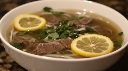 Close-up shot of Vietnamese Pho with beef, rice noodles, and lemon slices in a white bowl, capturing its rich flavors