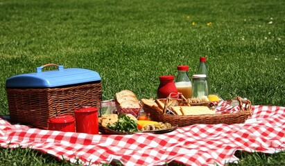 Picnic basket on checkered blanket (1)