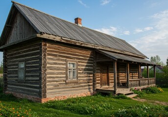 Charming Rustic Log Cabin nestled in a Serene Rural Setting beneath clear blue sky