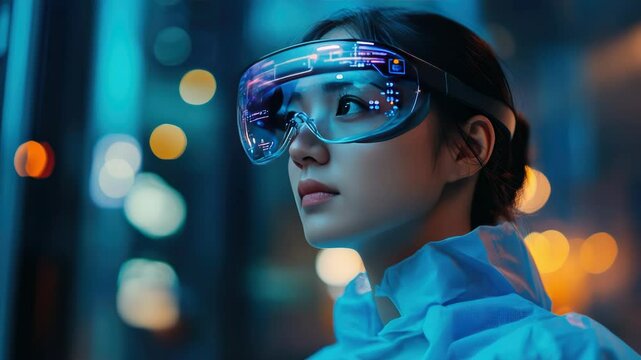 Female doctor using augmented reality headset with real-time brain scan visualization, revolutionizing medical education and neurology diagnostics. Advanced AR technology for precision healthcare solu