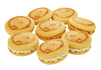 Round filled biscuits arranged isolated on white background