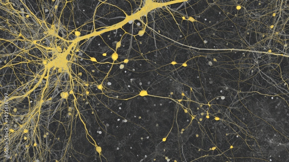 Poster Neurons in the brain with yellow synapses showcasing neural network activity