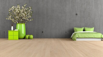 Modern minimalist bedroom with green accents and floral decor