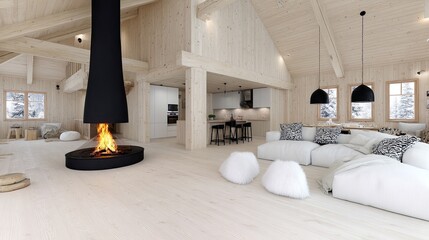 Modern cozy cabin interior with fireplace and minimalist design