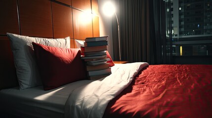 Cozy bedroom with stacked books on a red pillow