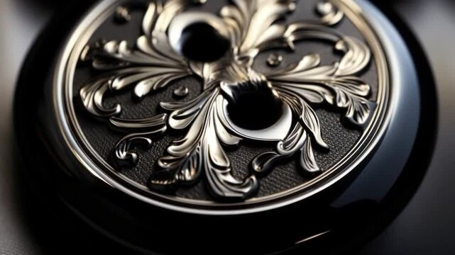 Exquisite Ornamental Detail: A macro shot of an ornate, elaborately engraved, decorative metal plate with intricate floral design and texture, demonstrating precision craftsmanship.