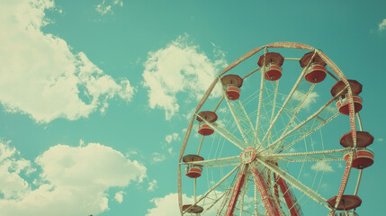 The vintage red and white ferris wheel spins gently against a clear turquoise sky with scattered white clouds on a bright sunny day at the summer carnival.