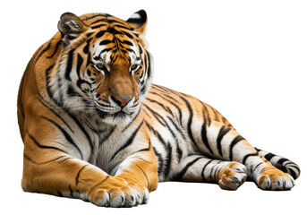 Obraz premium Majestic tiger resting isolated on white background