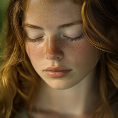 Dreamy portrait of a red-haired woman with freckles in quiet contemplation