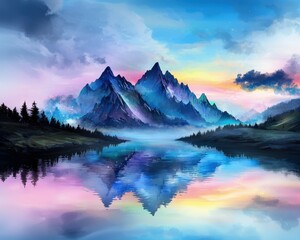 Serene landscape of colorful mountains reflecting in a tranquil lake during sunrise.