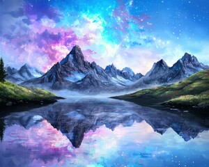 Breathtaking landscape of majestic mountains reflected in a serene lake under a colorful sky.