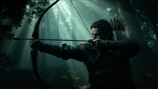 A man is holding a bow and arrow in the forest. Smooth repeating motion for background video animation