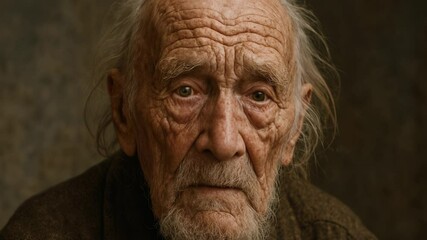 An elderly man sits thoughtfully, his deeply lined face telling a story of countless life experiences. The warm lighting highlights his weathered skin, reflecting years of wisdom and resilience. He