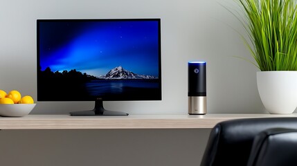 Fototapeta premium Modern workspace featuring a sleek monitor and smart speaker against a minimalist backdrop