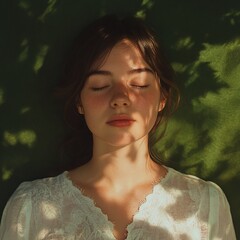 Serene Portrait of a Young Woman with Eyes Closed in Natural Light