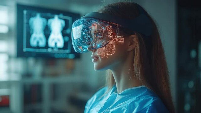Female doctor using augmented reality headset with real-time brain scan visualization, revolutionizing medical education and neurology diagnostics. Advanced AR technology for precision healthcare solu